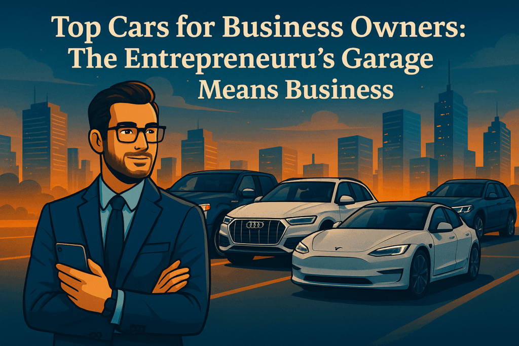 A confident business owner standing in front of luxury cars designed for entrepreneurs, symbolizing success, style, and high performance.