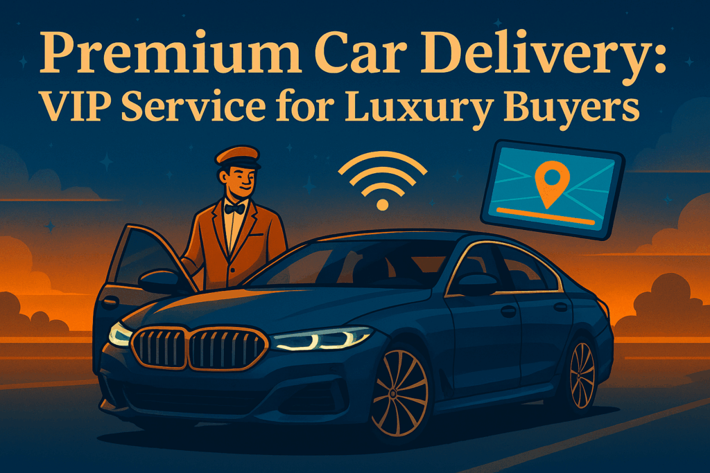 Luxury car being delivered to a modern mansion driveway by a suited chauffeur, symbolizing a seamless premium car delivery service for high-end buyers.