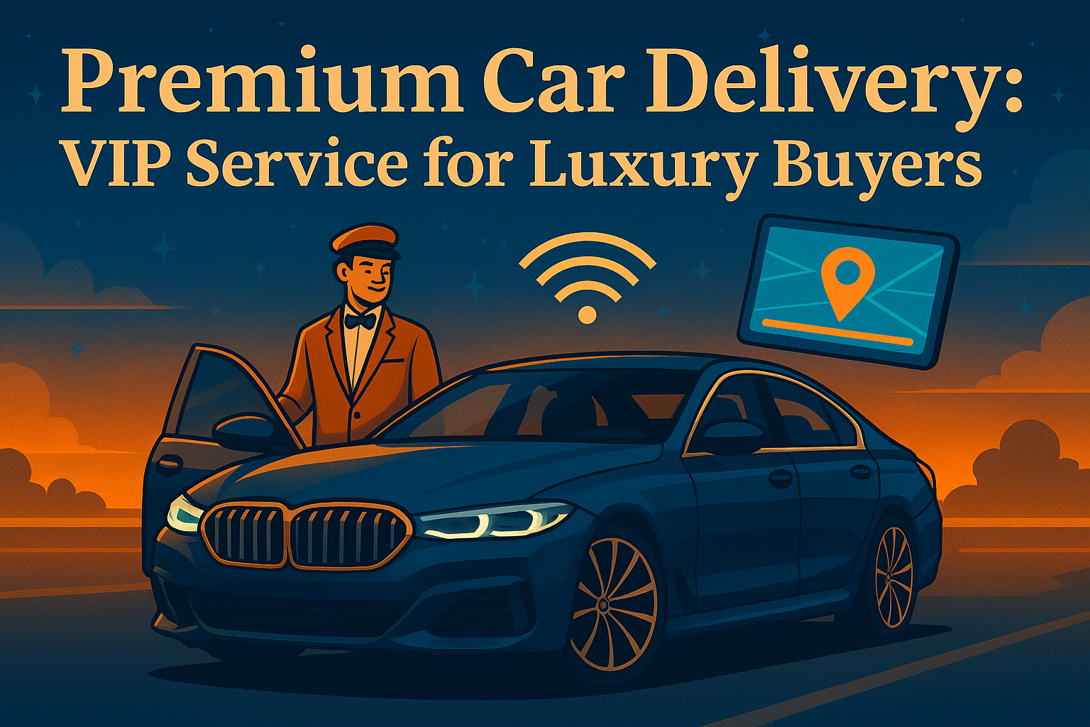 Luxury car being delivered to a modern mansion driveway by a suited chauffeur, symbolizing a seamless premium car delivery service for high-end buyers.