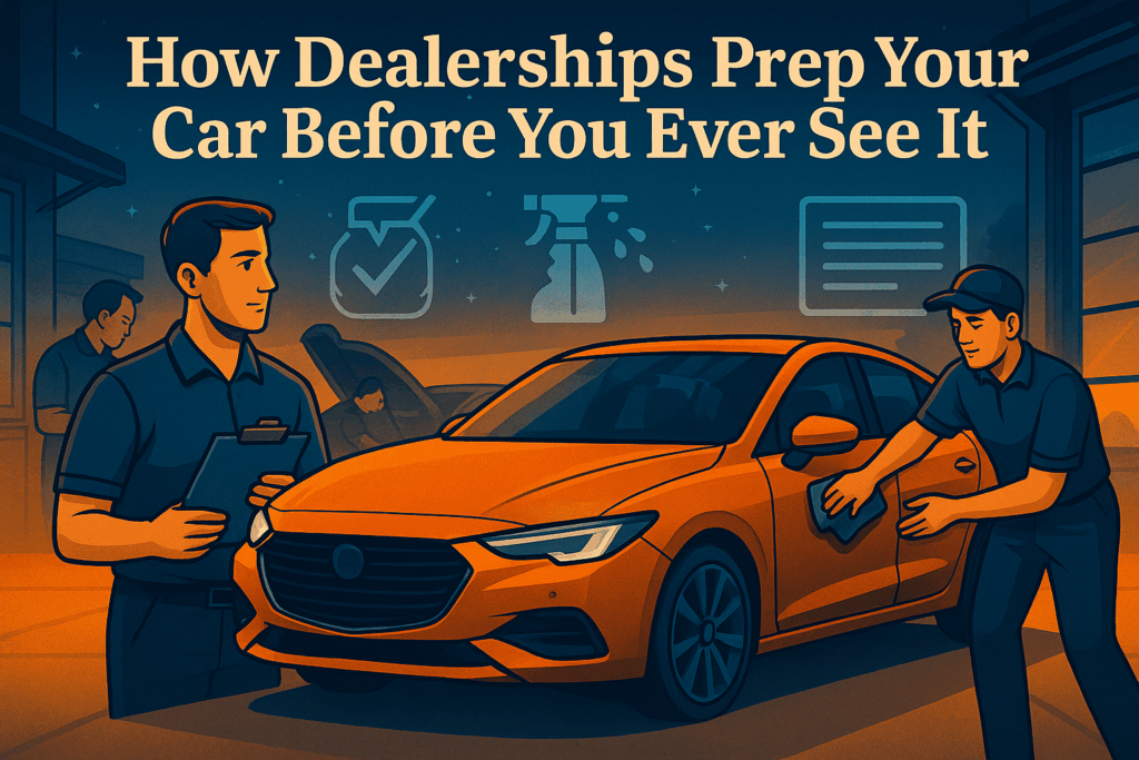 How Dealerships Prep Your Car Before You Ever See It – A premium digital illustration showing a gleaming new car being detailed and inspected at a modern dealership facility before transport.