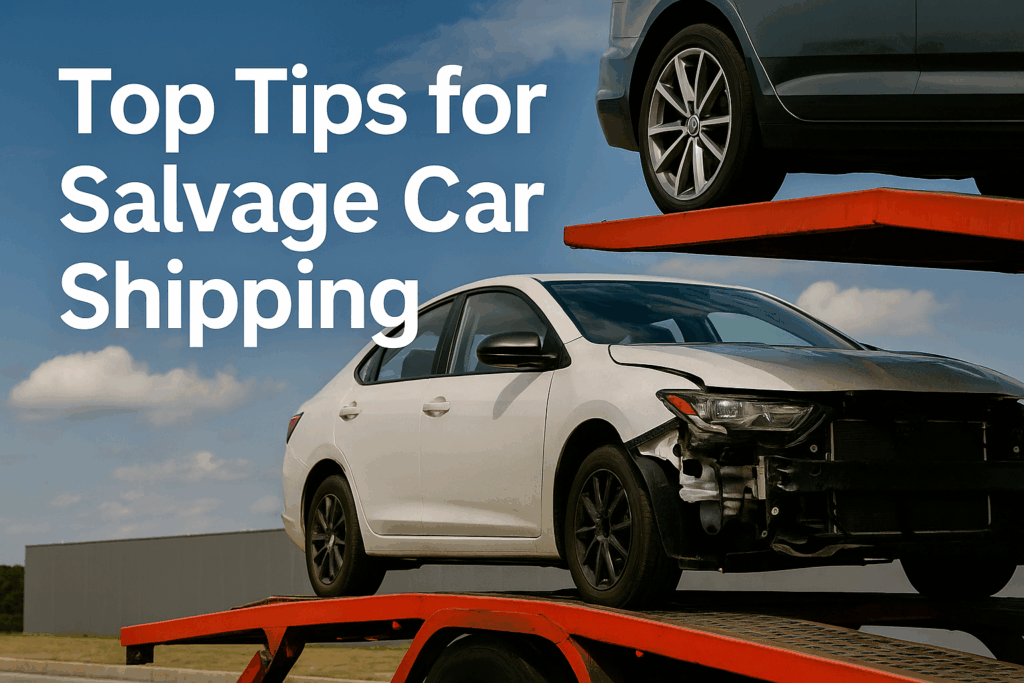 Salvage car being loaded onto a flatbed trailer during daylight for shipping.