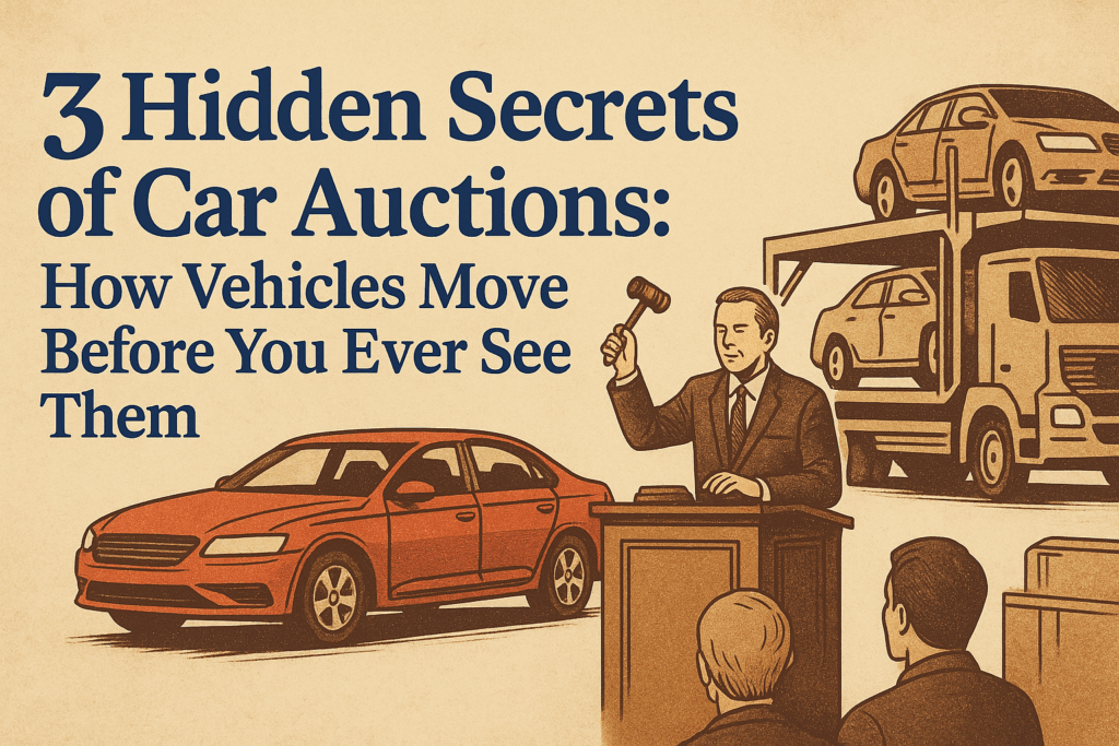 A stylized digital illustration of a car carrier transporting auction vehicles, symbolizing the journey from auto auction lots to delivery with professional vehicle transport services.