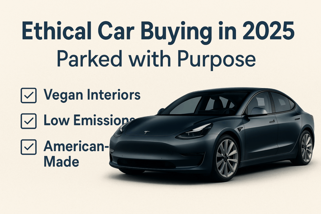 Ethical car buying with sleek design, featuring vegan leather interior, low-emission engine, and modern styling, symbolizing conscious car ownership.