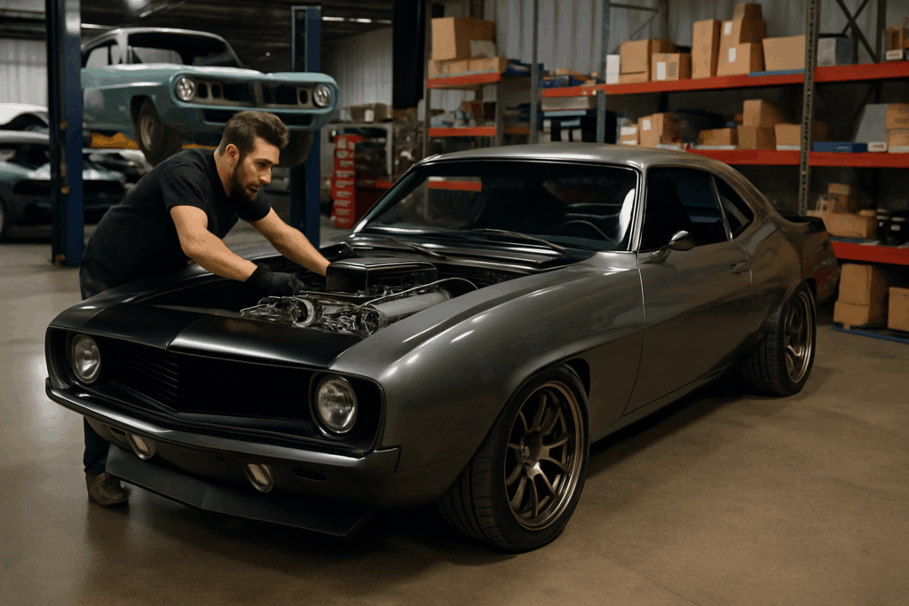 Custom car shipping for a modified classic muscle car being loaded onto an enclosed trailer by MBM Logistics in 2025.