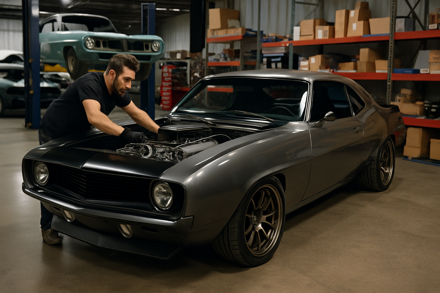 Custom car shipping for a modified classic muscle car being loaded onto an enclosed trailer by MBM Logistics in 2025.