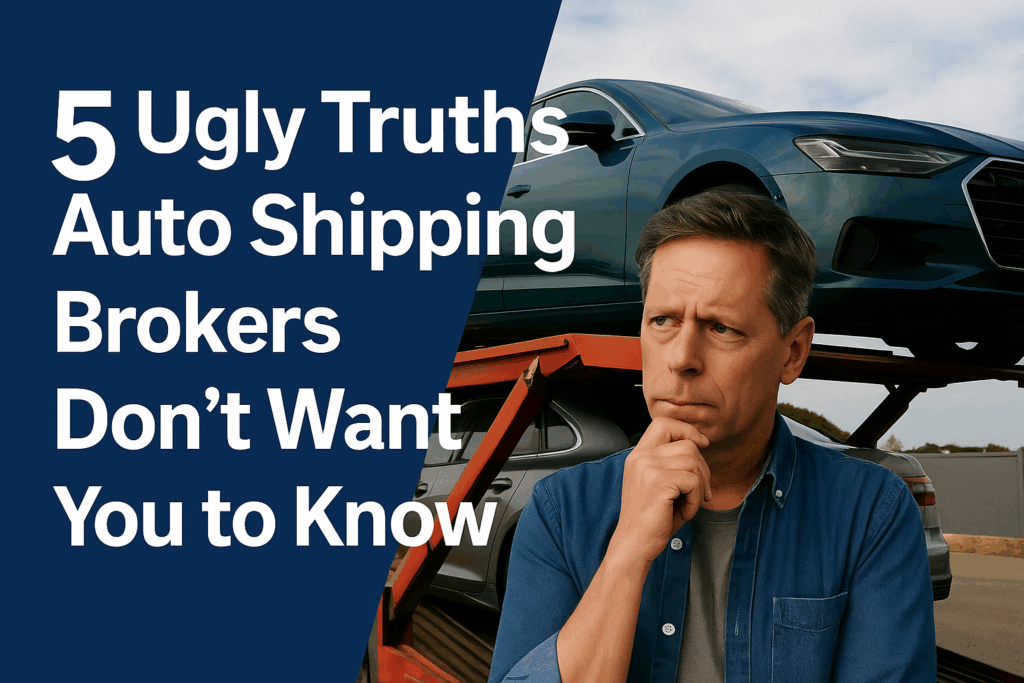 A digital promotional image showing a man researching auto transport options, with bold text reading “5 Red Flags When Using an Auto Shipping Broker.”