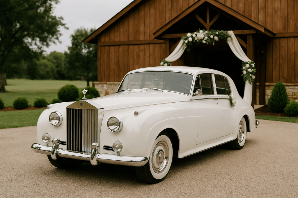 A vintage white Rolls-Royce parked in front of a rustic barn decorated with floral arrangements, ready for a wedding event.
