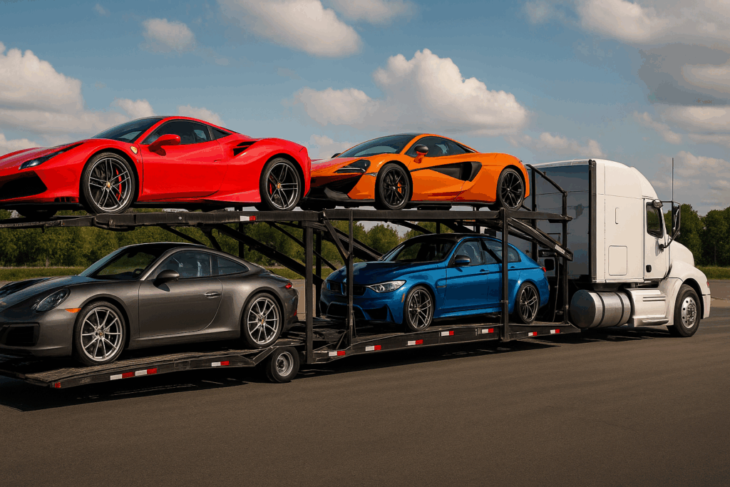Four luxury sports cars loaded onto an enclosed multi-car transport trailer, ready for cross-country delivery.