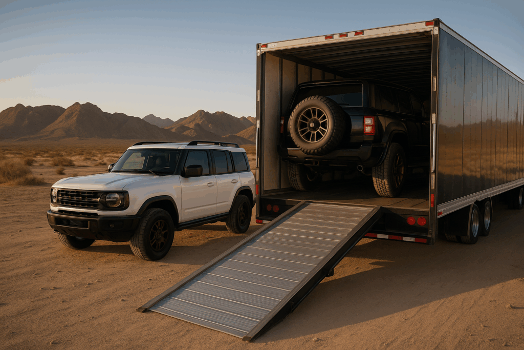 A semi-realistic digital rendering of an off-road SUV being shipped on a trailer, with rugged mountains and dirt trails in the background.