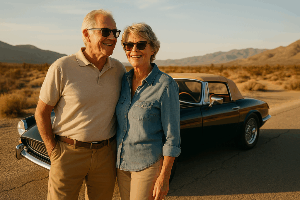 An older couple standing next to their SUV at a scenic overlook, preparing for a road trip during retirement. For retirement car shipping.