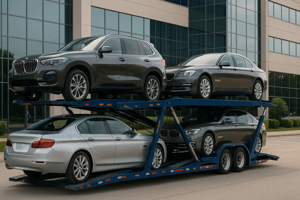 A row of executive sedans and SUVs being loaded into an enclosed car carrier truck outside a modern glass office building, symbolizing corporate car relocation.