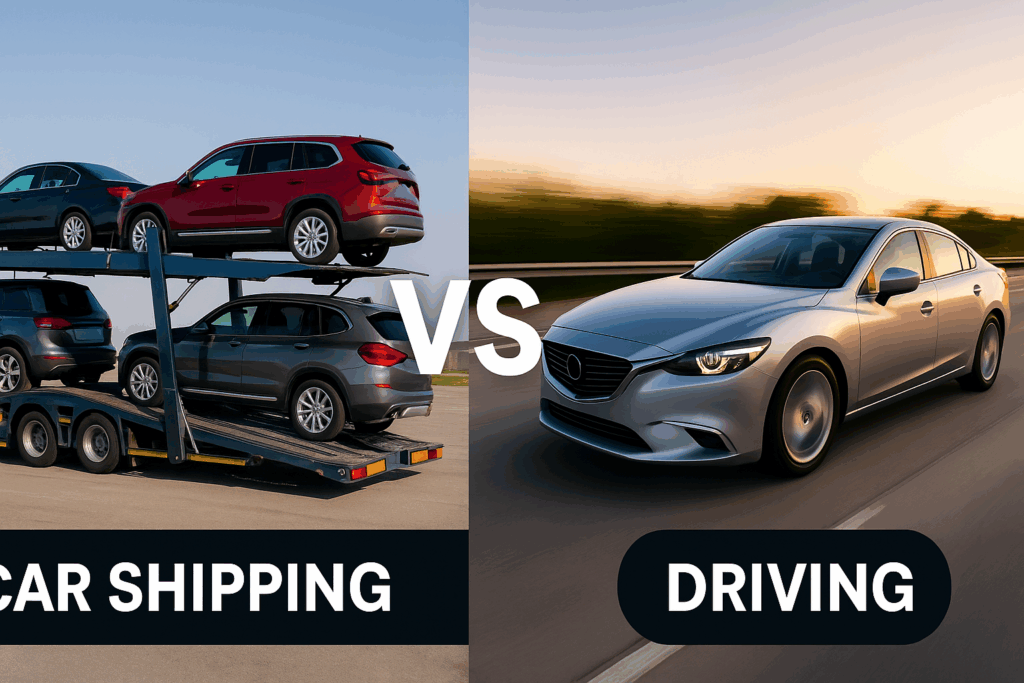 A split-screen image showing a family SUV being loaded onto a professional car carrier truck while a business sedan drives on the open highway, symbolizing the economics of car shipping vs. driving.