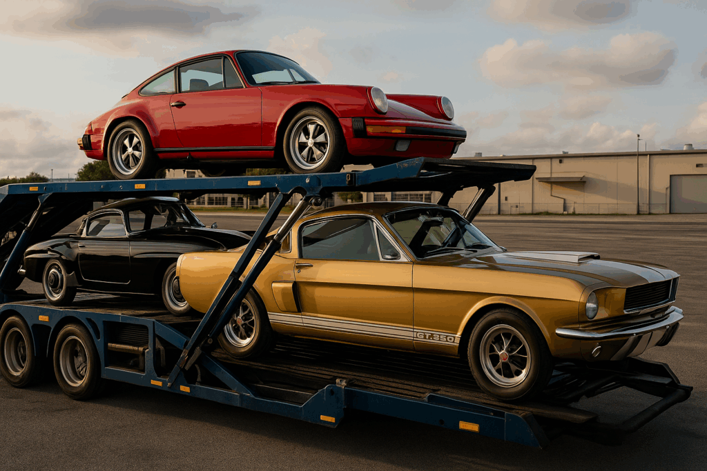 A vintage barn find car and a restored show-ready classic car being carefully loaded into an enclosed car carrier in a logistics yard, representing MBM’s expertise in transporting rare automotive treasures.