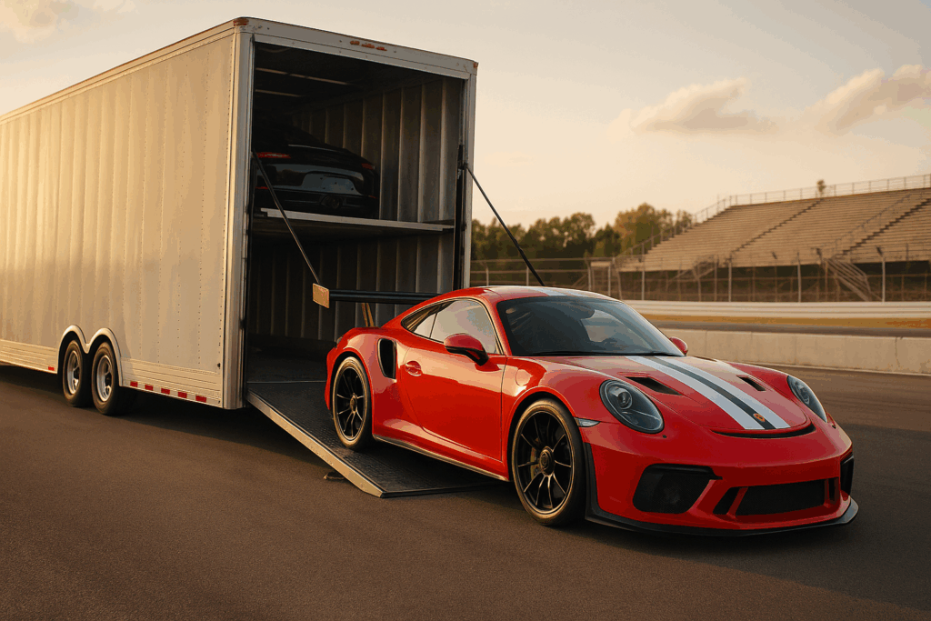 A professional red race car being carefully loaded into an enclosed car carrier truck at a motorsport track, representing MBM’s expertise in car shipping for race teams and weekend warriors.