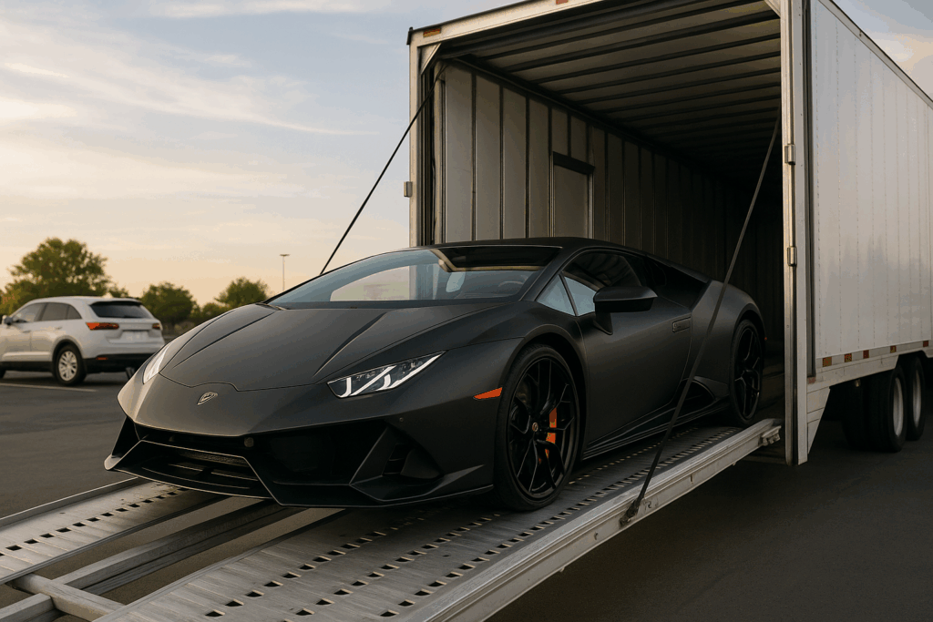 A sleek black supercar being loaded into an enclosed auto transport trailer for car influencer car shipping.