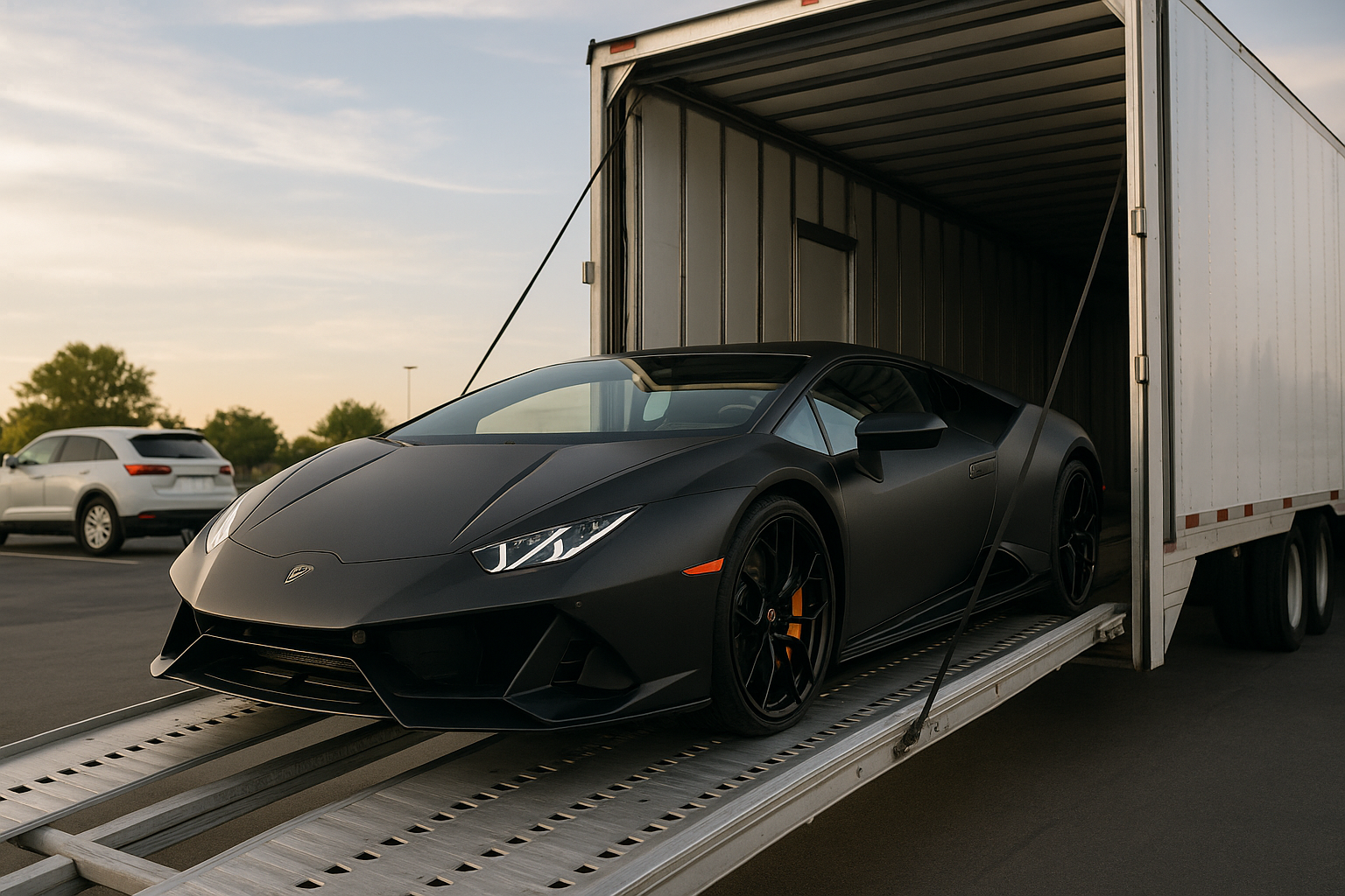 A sleek black supercar being loaded into an enclosed auto transport trailer for car influencer car shipping.