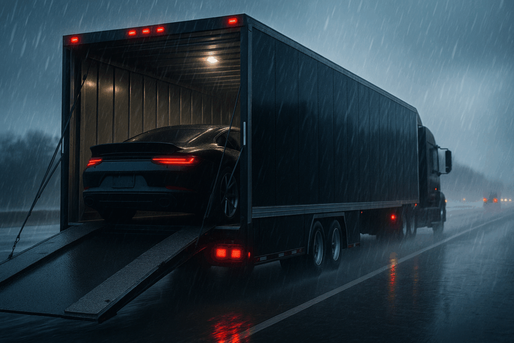 Enclosed car transport trailer on the highway, providing disaster-proof car shipping during extreme weather conditions.