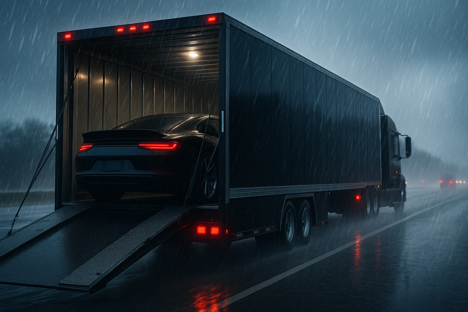 Enclosed car transport trailer on the highway, providing disaster-proof car shipping during extreme weather conditions.