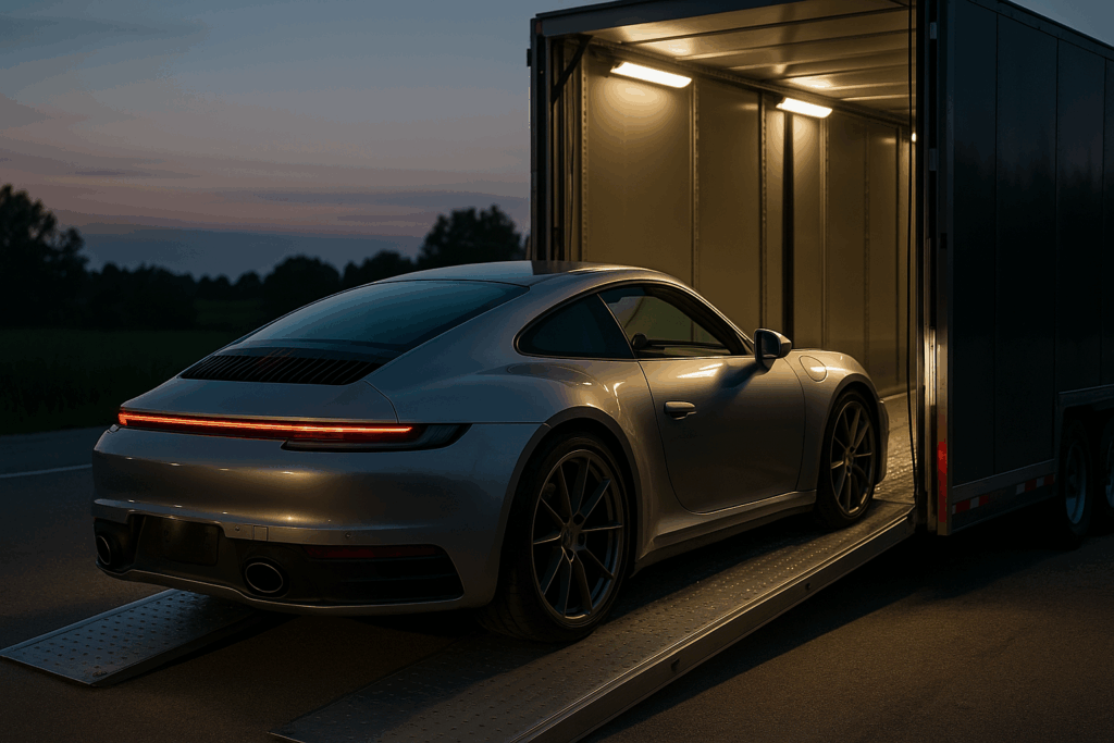 A sleek silver sports car being carefully loaded into an enclosed transport trailer for last-minute car shipping.