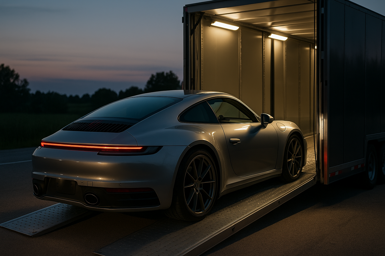 A sleek silver sports car being carefully loaded into an enclosed transport trailer for last-minute car shipping.