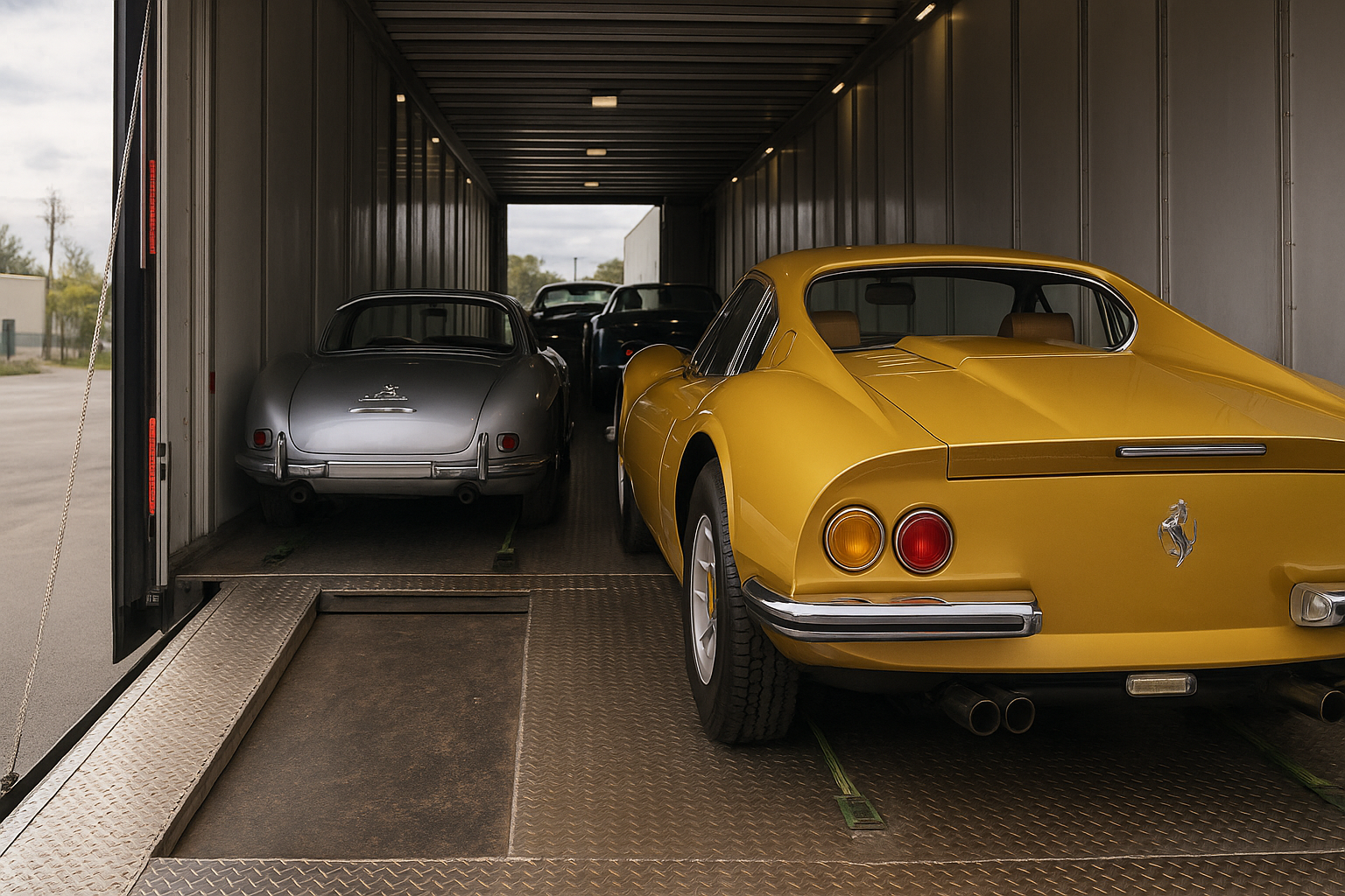 Luxurious classic cars being carefully transported in an enclosed car carrier, representing premium car collector vehicle shipping services.