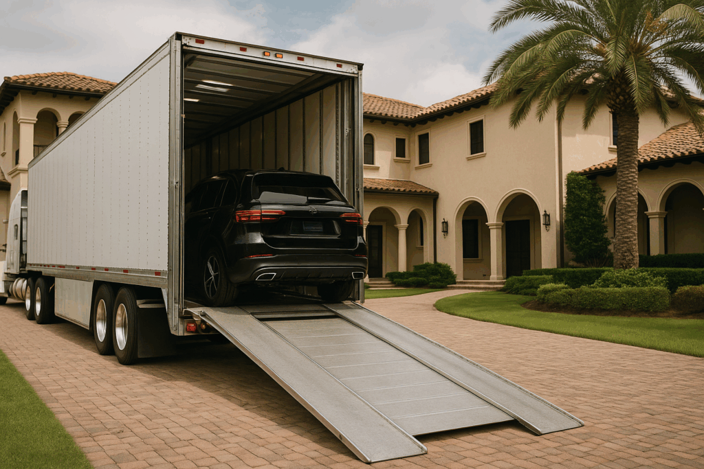 An enclosed car transport trailer parked outside a luxury mansion, symbolizing secure and private car shipping for celebrities.