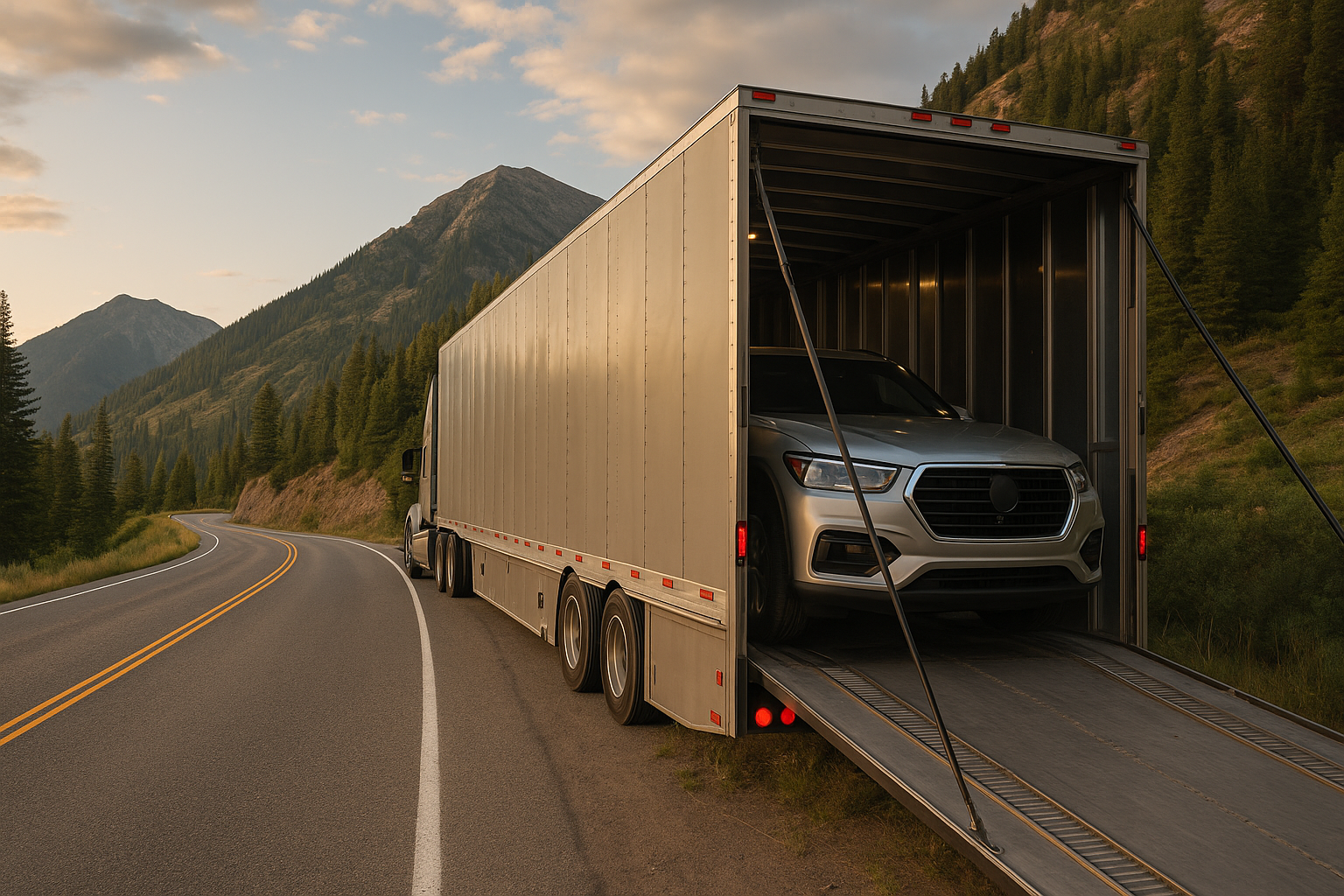 An enclosed car transport trailer carrying a luxury SUV on a winding mountain road at sunset, symbolizing remote location car shipping.