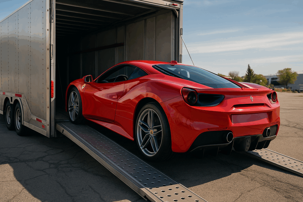 A semi-realistic image of a luxury red sports car being carefully loaded into an enclosed car transport trailer using a secure hydraulic ramp, symbolizing MBM’s premium enclosed car transport services.