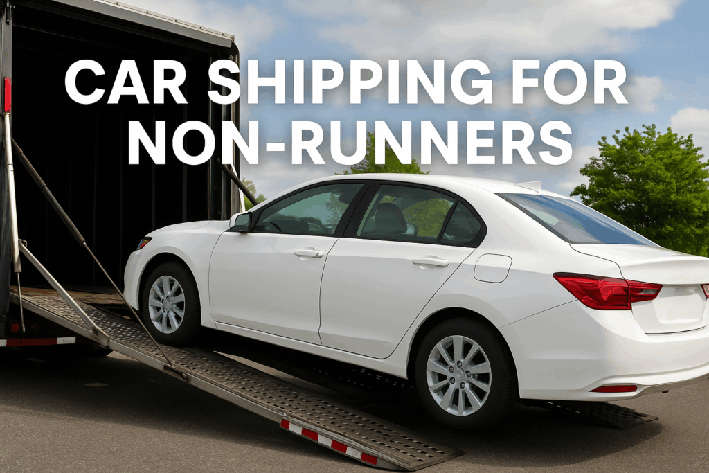 A semi-realistic image of a non-running vintage car being loaded into an enclosed car transport trailer using a hydraulic liftgate, with specialized tools like a forklift and winch nearby—showcasing MBM’s expertise in car shipping for non-runners.