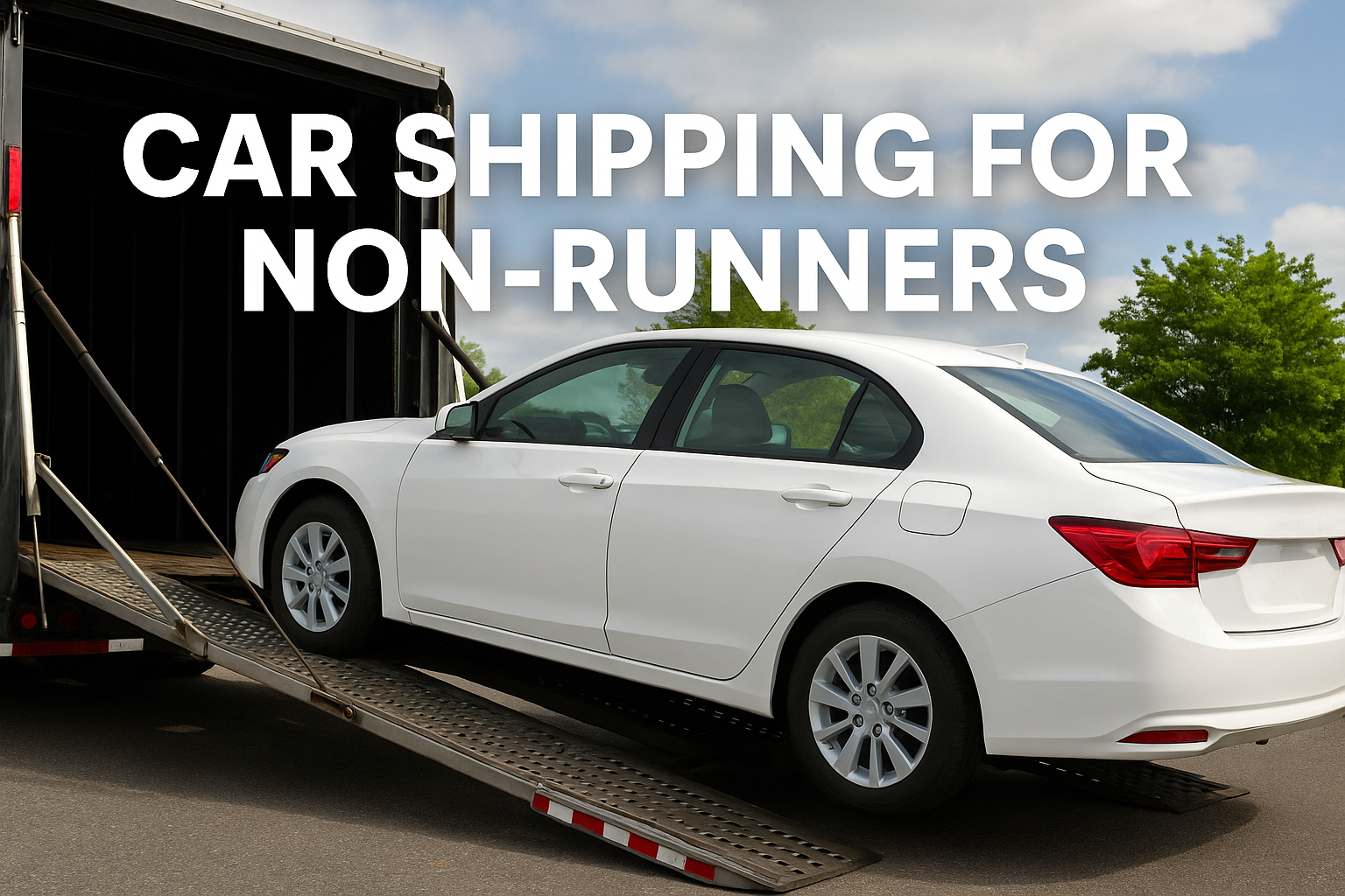 A semi-realistic image of a non-running vintage car being loaded into an enclosed car transport trailer using a hydraulic liftgate, with specialized tools like a forklift and winch nearby—showcasing MBM’s expertise in car shipping for non-runners.