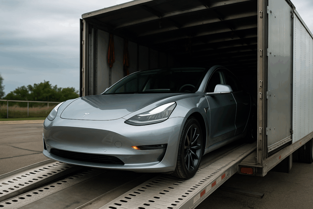 A semi-realistic image of a modern electric vehicle and hybrid car being loaded into an enclosed car transport trailer at a logistics yard, representing MBM’s expertise in car shipping for EVs and hybrid vehicles.