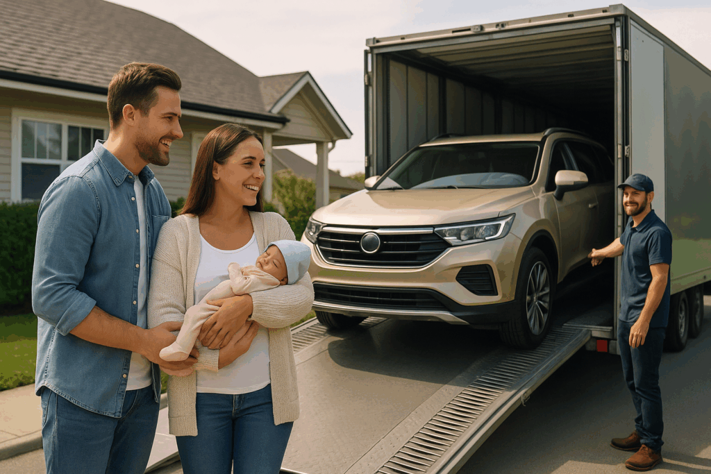 A semi-realistic image of a young family with their newborn receiving their SUV delivered by an enclosed car transport trailer, symbolizing MBM’s door-to-door vehicle moving service for new parents.