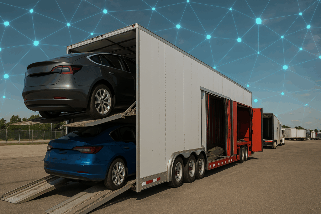 A semi-realistic image of vehicles being loaded into an enclosed auto transport trailer with blockchain-style digital nodes overlay, representing blockchain in auto transport.