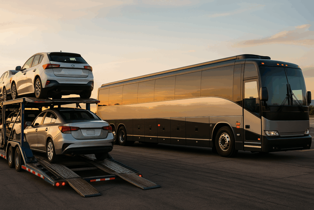 Luxury SUVs and tour vehicles being unloaded from an enclosed transport trailer outside a concert arena, representing MBM’s vehicle transport for music tours.